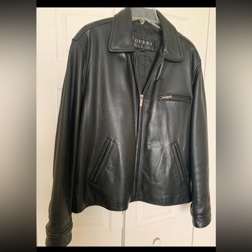 GUESS Men's Black Leather Bomber Jacket